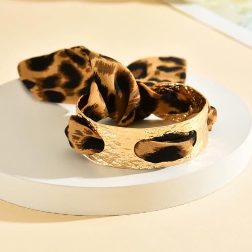 Chunky Gold Hammered Bracelets for Women, Leopard Print Scarf Big Golden Stainless Steel Cuff Bangle Silk Styling Charm Stackable Statement Jewelry Gifts - color: 2.1CM-Gold