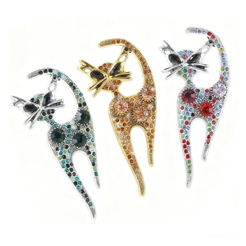 3 Pack Luxury Rhinestone Cat Brooch Pins, Silver Plated Crystal Animal Jewelry Set, Colorful Kitten Lapel Pins for Women, Party Accessories