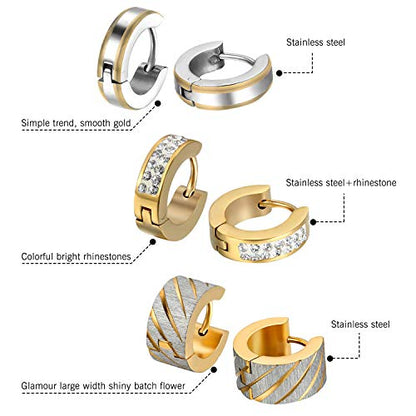 Aroncent Stainless Steel Hoop Earrings: 3-8 Pairs Men Small Hoop Huggie Hinged Earrings Set for Men Women 4mm Valentine Day Gifts - color: B-3PCS-Gold series