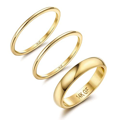 Jstyle 14K Gold Stacking Rings for Women Non Tarnish Wedding Band Ring Set | Waterproof Band Ring, 1mm 1mm 3mm Thin Pinky Thumb Ring Set, Statement Stackable Rings for Women, Gold Filled Jwelry