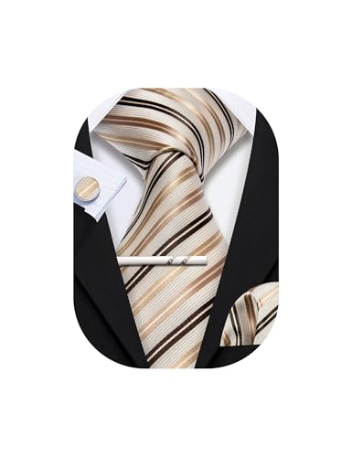 YOHOWA Men Plaid/Striped Ties Clip Set Silk Necktie Pocket Square Cufflinks | Woven Classic,Formal/Casual Mens Tie,Pocket Square Cufflinks Set,Luxury,Business,Wedding,Party,Prom,Graduation - color: Beige Black