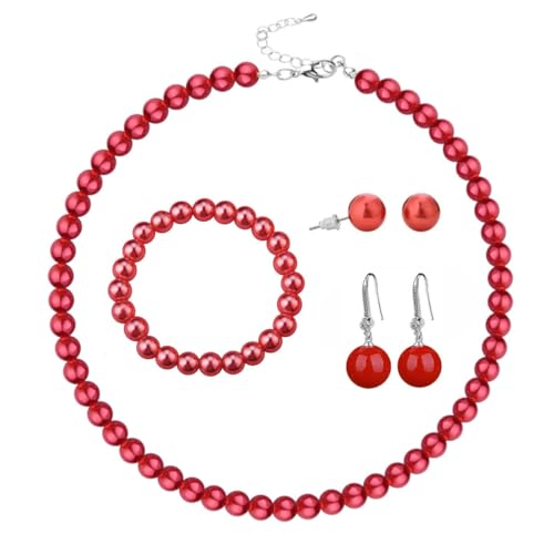 COLORFUL BLING Faux Pearl Jewelry Set, 4Pcs Pearl Necklace Bracelet Earrings Set for Women, Elegant Round Beaded Costume Jewelry for Wedding Party Daily Wear - color: Red