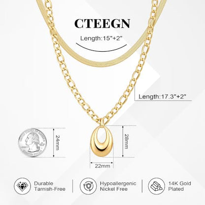 14K Gold/Silver Plated Dainty Snake Chain Layered Necklace for Women | Irregular Oval Pendant Minimalist Dainty Statement Gold Layering Everyday Jewelry - color: Gold - Polished
