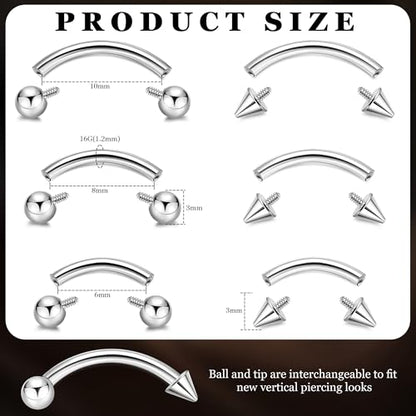 6PCS 16G G23 Titanium Eyebrow Piercing Jewelry for Women Curved Barbell Tiny Eyebrow Ring Vertical Labret Belly Lip Tongue Ring Internally Threaded Rook Tragus Daith Earring 6/8/10mm - color: Silver A