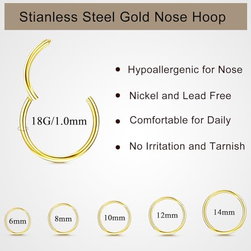 10Pcs Gold Nose Ring Hoop 18G/20G Clicker Nose Hoops Hypoallergenic Stainless Steel Nose Piercings Jewelry Gold Nose Jewelry Septum Helix Cartilage Lip Body Piercings for Women Men 7mm 8mm 9mm 10mm 12mm - color: Gold-18G