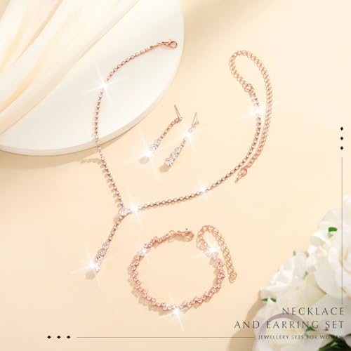 Bride Silver Bridal Necklace Earrings Set Crystal Wedding Jewelry Set Rhinestone Choker Necklace for Women and Brides - color: D Rose Gold