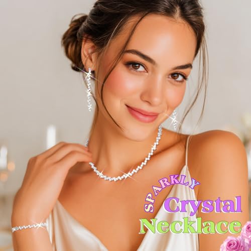 JEAIRTS Rhinestone Tennis Chain Choker Necklace Jewelry Sets for Women | 3Pcs Diamond Bridal Necklace Earrings and Bracelet for Wedding Prom - color: 1-Silver