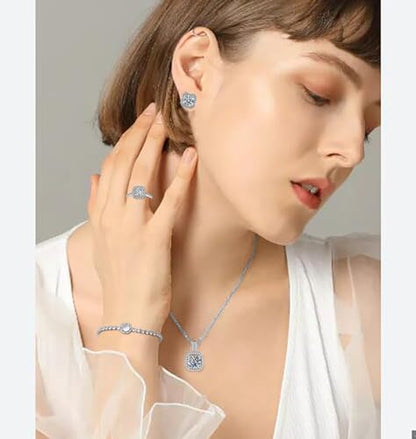 Women 4Pieces Cubic Zirconia Jewellery Set Rhinestone Necklace Earrings Bracelet Ring - color: Silver 2