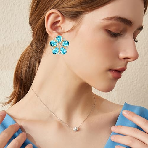 Bohemian Sparkly Crystal Flower Sliver Lightweight Stud Earrings Peach Blossom Rhinestone Floral Dangle Earrings For Women Jewelry Gifts - color: Blue
