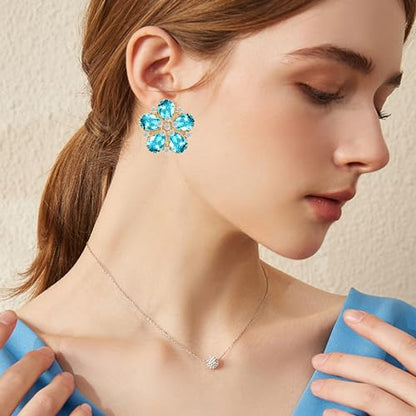 Bohemian Sparkly Crystal Flower Sliver Lightweight Stud Earrings Peach Blossom Rhinestone Floral Dangle Earrings For Women Jewelry Gifts - color: Blue