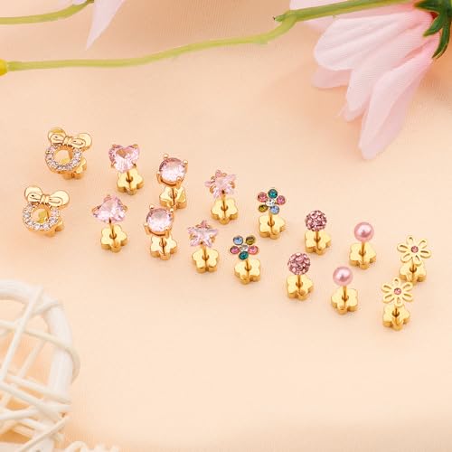 Staligue 8 & 21 Pairs Hypoallergenic Screw Back Earrings for Women – 20G Surgical Steel Flat Back Studs with Heart, CZ, Pearl, Star & Ball Designs | Tiny Cartilage Jewelry Options - color: Golden