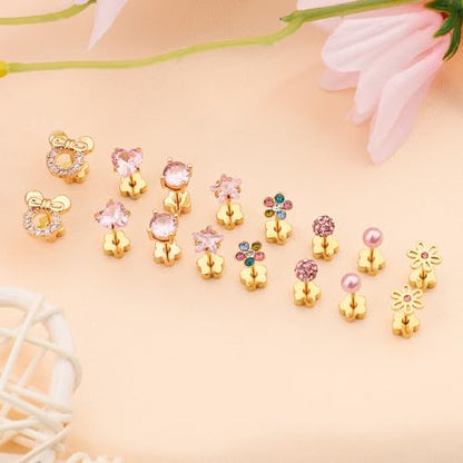 Staligue 8 & 21 Pairs Hypoallergenic Screw Back Earrings for Women – 20G Surgical Steel Flat Back Studs with Heart, CZ, Pearl, Star & Ball Designs | Tiny Cartilage Jewelry Options - color: Golden