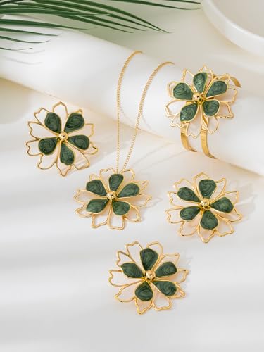 Gold Flower Jewelry Set For Women, 5 Pcs Chunky Golden Floral Pendant Necklace Bracelet Earrings Ring Set Statement Flower Jewelry Gifts For Beach Wedding - color: 5pcs-Green