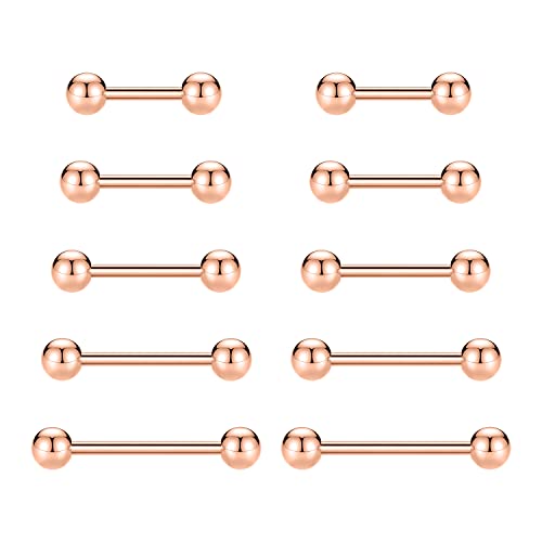 GAGABODY 5 Pairs Nipple & Tongue Rings - 14G Surgical Steel Screw Barbell - Straight, 12mm-20mm - color: Rose Gold