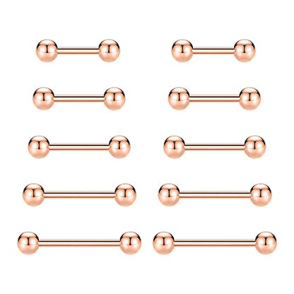 GAGABODY 5 Pairs Nipple & Tongue Rings - 14G Surgical Steel Screw Barbell - Straight, 12mm-20mm - color: Rose Gold