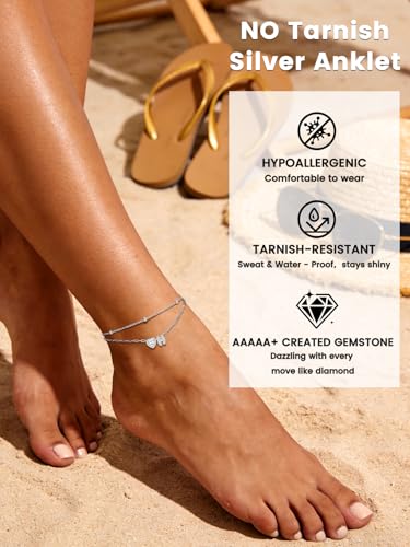 Bestyle Initial Anklet Bracelets for Women Waterproof Non Tarnish 14K Gold/White Gold Plated CZ Anklets for Women Dainty Layered Letter Heart Ankle Bracelets Adjustable Foot Chain Anklet - color: H