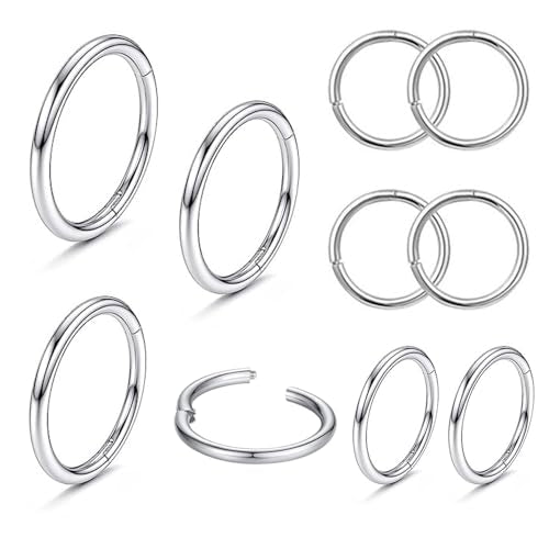 MOQIKAKA16G 18G 20G Surgical Steel Nose Septum Rings Hoops - Stainless Steel Hinged Clicker Segment Nose Rings Hoop Helix Cartilage Daith Tragus Sleeper Earrings, Ear Plugs Tunnels Gauges - color: Classic Silver 10PCS, size: 16g 12mm
