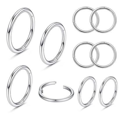 MOQIKAKA16G 18G 20G Surgical Steel Nose Septum Rings Hoops - Stainless Steel Hinged Clicker Segment Nose Rings Hoop Helix Cartilage Daith Tragus Sleeper Earrings, Ear Plugs Tunnels Gauges - color: Classic Silver 10PCS, size: 16g 12mm