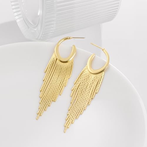 Gold Dangle Earrings for Women, 14K Threader Long Chain Drop Earrings Dangling Dainty Elegant Ear Chain with Tassel and Cubic Zirconia for Wedding Trendy Jewelry Gifts - color: Chunky Gold Tassel