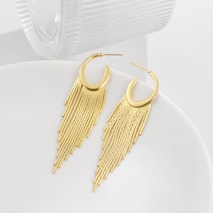 Gold Dangle Earrings for Women, 14K Threader Long Chain Drop Earrings Dangling Dainty Elegant Ear Chain with Tassel and Cubic Zirconia for Wedding Trendy Jewelry Gifts - color: Chunky Gold Tassel