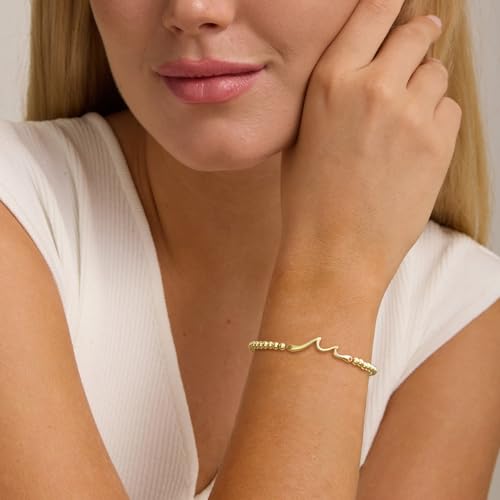 Beaded Bracelets for Women 14K Silver Gold Plated Stretch Handmade Ball Bracelets Cute Charm Bracelet Dainty Stackable Cross Heart Bow Wave CZ Circle Trendy Jewelry Easter Gifts - color: wave