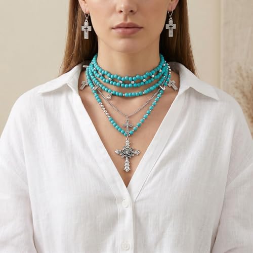 Bocar Gothic Cross Layered Pearl Necklace Chunky Statement Stacked Necklace Y2K Silver Layered Necklace for Women (NK-10769) - color: Tur