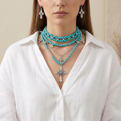 Bocar Gothic Cross Layered Pearl Necklace Chunky Statement Stacked Necklace Y2K Silver Layered Necklace for Women (NK-10769) - color: Tur
