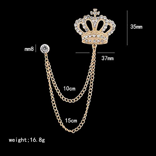 Rhinestone Crown Long Chain Brooch.Gold Silver Tassel Brooch Pin,Retro Crystal Suit Pins Collar Coat Pin for Men's Accessories Pin Husband Gifts - color: Gold 2