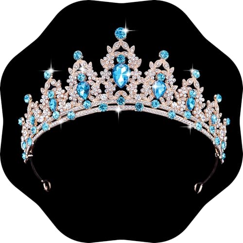 Kamirola - Queen Crown and Tiaras Princess Crown for Women Crystal Headbands for Bridal, Princess for Wedding and Party - color: Gold& LT Blue