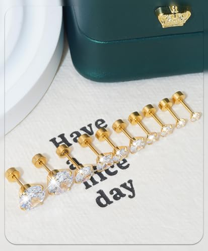 Stainless Steel Stud and Hoop Earrings Sets for Ear Stacks | Choose gold or silver pearl studs, CZ studs, flat backs, butterfly backs, hoops and multi-pair ear stack sets. - color: 5 Pairs Gold-Flat Back