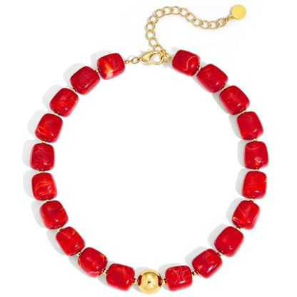 Multicolor Beaded Necklace,Chunky Cube Beaded Statement Necklace, Boho Resin Choker Necklace for Women,Lightweight & Cool, Suitable for Beach, Vacation, Daily Wear & Summer Parties - color: Red