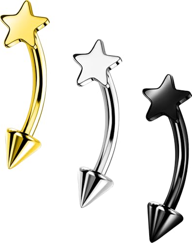 OUFER Rook Piercing Jewelry, G23 Solid Titanium Eyebrow Rings, Heart Vertical Labret Lip Jewelry, 16G Curved Barbells, Daith Rook Earrings for Women Men - color: Gold Black Silver Star, size: 16G 8mm