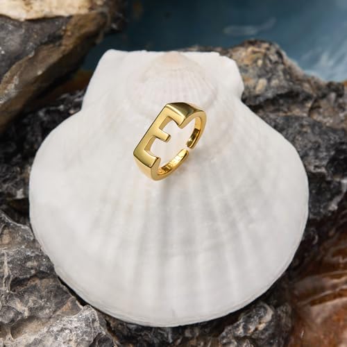 Cicy Bell Initial Rings for Women 18k Gold Plated Adjustable Rings | Open Signet Rings, Bold Letter, Personalized Engraved, For Party - color: Initial-E