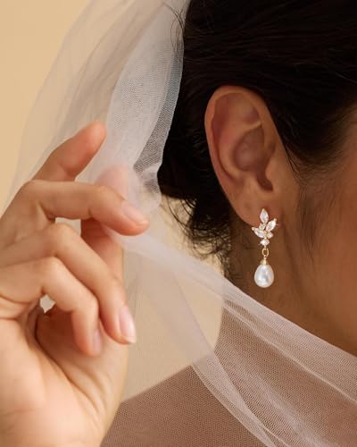 14K Gold Plated/Sterling Silver CZ Pearl Drop Dangle Earrings for Women - color: Gold-Pearl with CZ