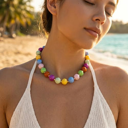 HESSAWEEL Colorful Chunky Beaded Necklace for Women Beach Jewelry | Summer Statement Choker, Adjustable Lobster Necklace, Handmade Boho Acrylic Jewelry - color: Mixed