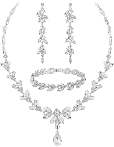 Paxuan Wedding Jewelry Sets for Bride Bridesmaid Bridal Jewelry Set for Women Wedding Crystal Necklace Earrings Bracelet Set for Party Prom Jewelry - color: White - Silver