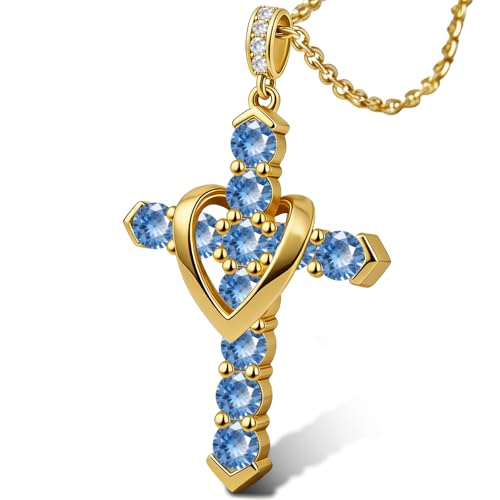 Cross Necklace for Women, Silver Cross Pendant Necklaces | 14K Gold Plated, Dainty CZ Cross Necklace, Non Tarnish and Hypoallergenic Jewelry for Women, Christian Religious Faith Gifts - color: B-Blue-Gold