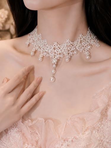 Lace Choker Necklace for Women Tassel Pendant Choker Necklaces Elegant Boho Collar Necklaces Statement Artistic Chain Necklace with Pearl Halloween Party Cosplay Costume Jewelry - color: White Lace Pearl-6