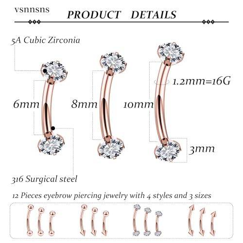 Rook Daith Piercing Jewelry 16G Stainless Surgical Steel Curved Barbell Eyebrow Rings Vertical Labret Lip Piercing Jewelry Rook Daith Earrings for Women Men 6MM 8MM 10MM Hypoallergenic - color: Rose Gold-6MM 8MM 10MM