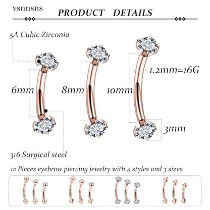 Rook Daith Piercing Jewelry 16G Stainless Surgical Steel Curved Barbell Eyebrow Rings Vertical Labret Lip Piercing Jewelry Rook Daith Earrings for Women Men 6MM 8MM 10MM Hypoallergenic - color: Rose Gold-6MM 8MM 10MM