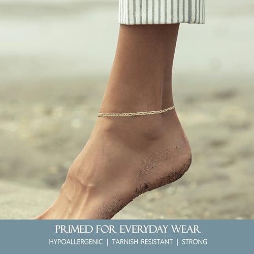 Gold Ankle Bracelets for Women Plated 925 Sterling Silver | 18K plating, Made in Italy, anti-tarnish, waterproof, anklet, 9-11 inches, curb rope figaro mariner - size: Medium (10 inches)
