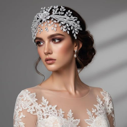 Bridal Headband,Rhinestone Crystal Floral Wedding Headpiece Flower Leaf Hair Accessories for Bride Wedding (Silver) - color: Silver