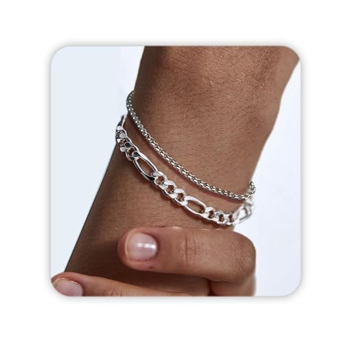 PEALICIOUS Mens Bracelet for Men Rakhi Gifts for Men Jewelry | 2 PCS Silver/Gold Bracelets for Men Chain,Pulseras Para Hombres Mens Accessories, Waterproof Jewelry,Stainless Steel Bracelet - color: Figaro and Box, size: 20+3cm