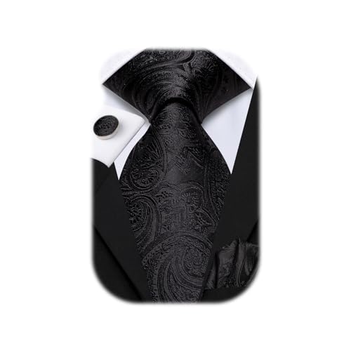 Hi-Tie Men 63inches Tie Set Extra Long Necktie Paisley Tie Pocket Suqare Cufflinks Big and Tall Men Tie - color: Black Dark