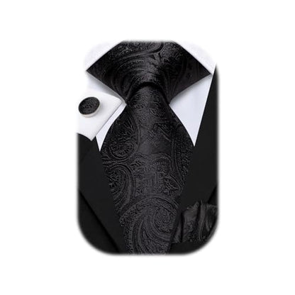 Hi-Tie Men 63inches Tie Set Extra Long Necktie Paisley Tie Pocket Suqare Cufflinks Big and Tall Men Tie - color: Black Dark