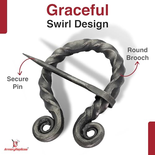Armory Replicas™ Hand-Forged Viking & Celtic Cloak Pin Brooch – Medieval Fibula for Costumes, Reenactments, Cosplay & Historical Dress Accessories - style: Ornate Swirl Round