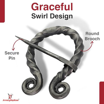 Armory Replicas™ Hand-Forged Viking & Celtic Cloak Pin Brooch – Medieval Fibula for Costumes, Reenactments, Cosplay & Historical Dress Accessories - style: Ornate Swirl Round