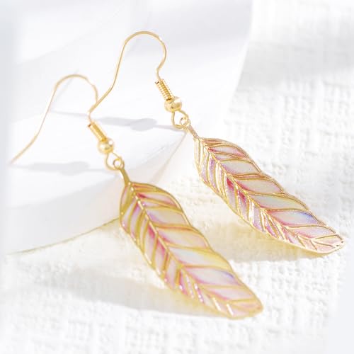Bohemian Colorful Feather Drop Earrings for Women,Fashion Gradient Leaf Danging Earring Lightweight Hook Shaped Statement Jewelry - color: color D