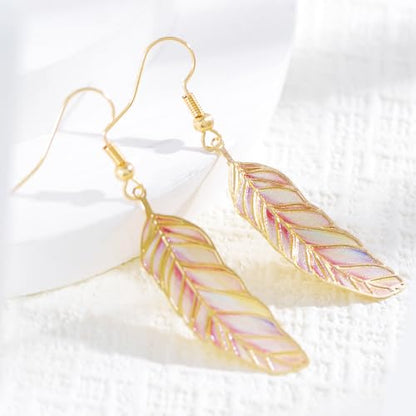 Bohemian Colorful Feather Drop Earrings for Women,Fashion Gradient Leaf Danging Earring Lightweight Hook Shaped Statement Jewelry - color: color D
