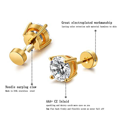 Kainier Women's 14K Gold Plated CZ Stud Earrings Simulated Diamond Round Cubic Zirconia Ear Stud Set（5 Pairs)… - color: Flatback-Gold